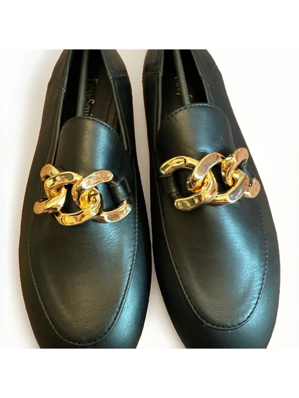 New EasySmile Metal Chain Black Loafers Flats Shoes Ladies Size 6